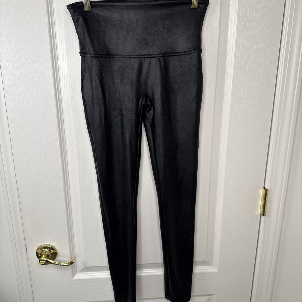 SPANX Leggings Women Large Black Faux Leather Slim Moto Shapewear Pants Shiny